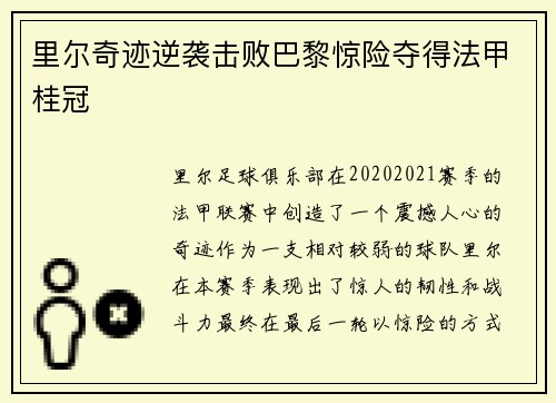 里尔奇迹逆袭击败巴黎惊险夺得法甲桂冠 里尔奇迹逆袭击败巴黎惊险夺得法甲桂冠